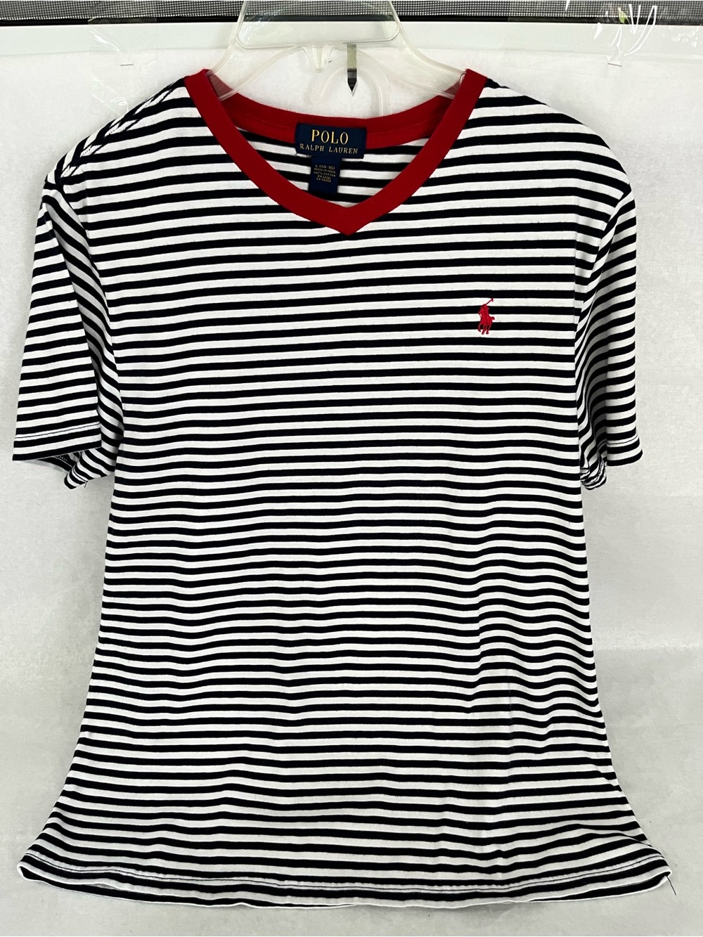 Boys Polo by Ralph Lauren Black & White Striped V-Neck Tee with Red Trim L